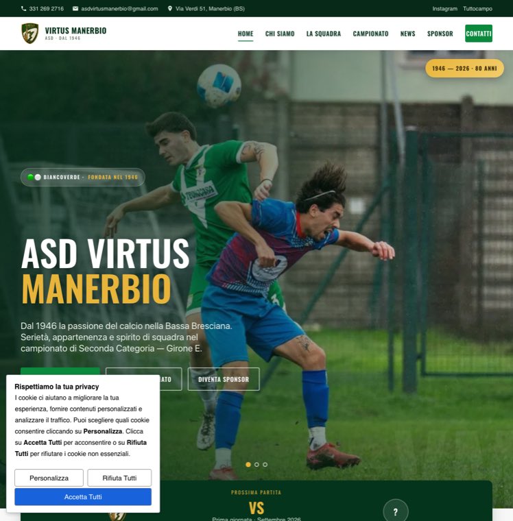 La pagina d'apertura del sito di ASD Virtus Manerbio